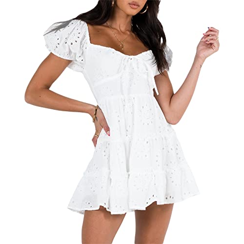 FeMereina Frauen Spitze Rüschen Minikleid Square Neck Smocked Bodycon Kurzes Kleid Lace Up Geraffte Party Y2k Kleider Fee Abschlusskleid, weiß, Medium von FeMereina