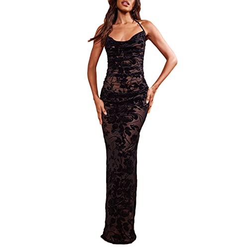 FeMereina Frauen Spitze Slip Ausschnitt Rückenfreies Maxikleid Neckholder Mesh Sehen Durch Bodycon Cami Kleid Ärmellos Aushöhlen Lange Kleid Party, Schwarz , Medium von FeMereina