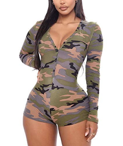 FeMereina Langärmeliger Damen-Jumpsuit mit Knopfleiste, V-Ausschnitt, Einteiler, für Halloween, Pyjama, Party, camouflage, 36 von FeMereina