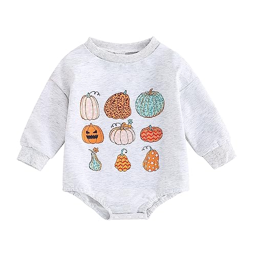 FeMereina Halloween Baby Mädchen Outfit Bubble Langarm Sweatshirt Strampler Kürbis Print Herbst Bodysuit Halloween Kleidung Herbst Kleidung, grau, 6-12 Monate von FeMereina