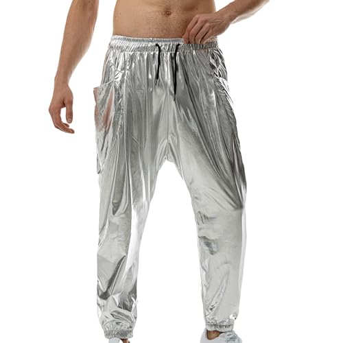 FeMereina Herren Metallic Disco Hose 70er/80er Jahre Pailletten Hose Kordelzug Taille Party Club Pants Rave Shiny Jogger, silber, M von FeMereina