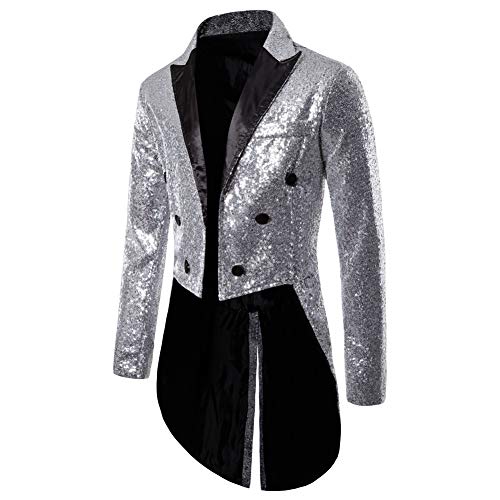FeMereina Herren Pailletten Frack Schwalbenschwanz Anzug Jacke Smoking Kleid Mantel Slim Fit Frack Kleid Mantel Schwalbenschwanz Abendessen Party Hochzeit Blazer Anzug Jacke, Silber #2, M von FeMereina