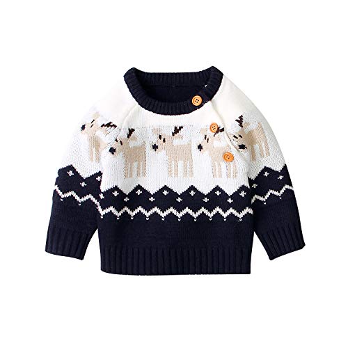 FeMereina Kleinkind Junge Mädchen Weihnachtspullover Strickpullover Xmas Rentier Elch Schneemann Cartoon Sweatshirts Tops Gr. 6-12 Monate, blau von FeMereina