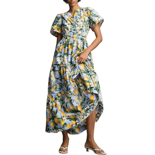 FeMereina Langes Damenkleid mit V-Ausschnitt, kurze Ärmel, gesmokte Taille, Biesensaum, fließendes Kleid mit Rüschen, gestuftes Maxikleid mit seitlichen schrägen Taschen, zitronengelb, XXL von FeMereina