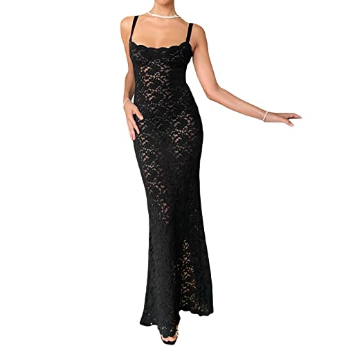 FeMereina Langes Damenkleid mit floraler Spitze, ärmellos, Netzstoff, durchsichtig, geteilter Saum, Cocktail-Partykleid, Spaghettiträger, Spitze, Cami-Kleid, Schwarz , L von FeMereina