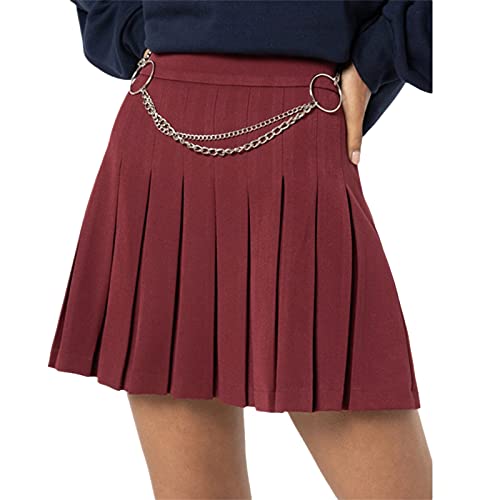 FeMereina Mädchen Frauen Hohe Taille Faltenrock A-Linie Minirock Skater Tennis Schule Uniform Röcke mit Kette Übergröße, weinrot, 52 von FeMereina