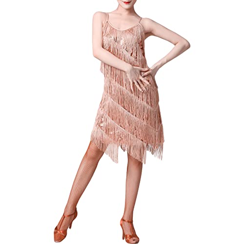 FeMereina Pailletten Quaste Latein Tanzkleid für Damen 1920er Jahre Flapper Cocktail Party Kleider Rumba Ballsaal Kostüme, rose gold, L von FeMereina