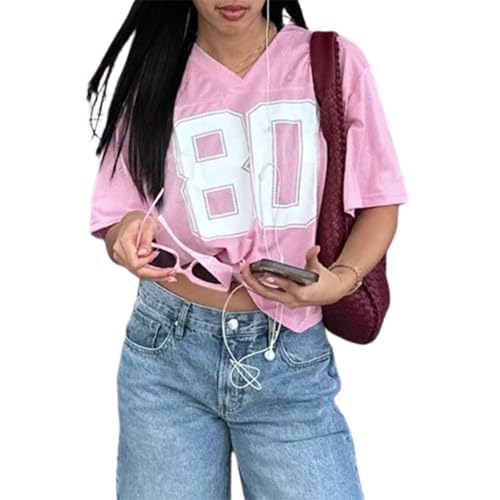 FeMereina Shirts für Damen, Y2k, übergroße Zahlen, Grafik, V-Ausschnitt, kurzärmelig, Jersey, T-Shirt, Blokecore, ästhetische Streetwear, rose, XL von FeMereina