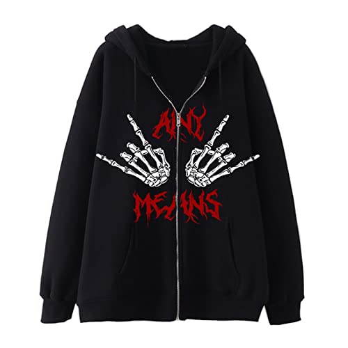 FeMereina Strass-Grafik-Kapuzenpullover mit Reißverschluss für Damen, übergroß, Y2k-Skelettdruck, Sweatshirt, Gothic, Harajuku, Jacke, PunkGrunge, Pullover, Streetwear, Schwarzer Handknochen #2, 46 von FeMereina