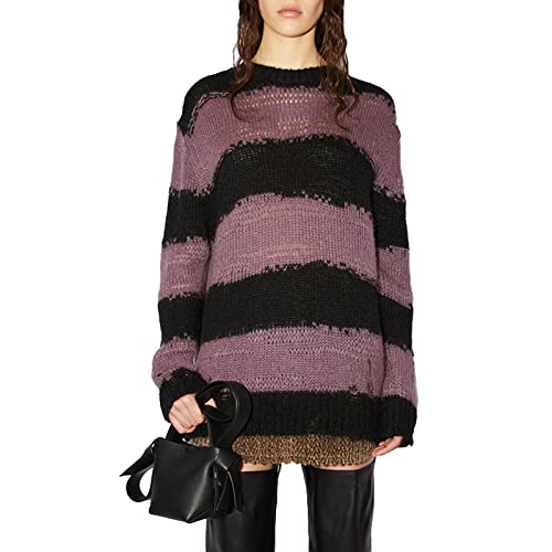 FeMereina Unisex Damen Oversize Streifen Langarm Pullover Ripped Oversized Sweater Gothic Harajuku Lose Strick Pullover Jumper Tops, violett, Einheitsgröße von FeMereina