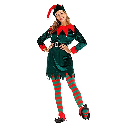 FeMereina Unisex Herren Elfenkostüm Erwachsene Deluxe Santa Cosplay Anzug Weihnachten Kostüm Elfe Santa Helper Kostüm Grün Cosplay Party für Frauen, Damen-Stil 2, 42 von FeMereina