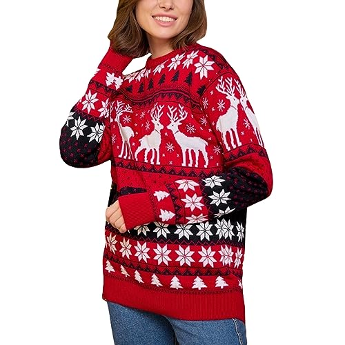 FeMereina Unisex Weihnachtspullover für Männer Frauen Pullover Sweater Crewneck Langarm Top Paar Matching Ugly Christmas Jumper, Damen Rot, S von FeMereina