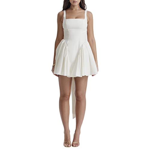 FeMereina Weißes Abschlusskleid für Damen, süße Rüschen, A-Linie, Flare, fließendes kurzes Minikleid, quadratischer Ausschnitt, rückenfrei, plissiert, Partykleider, weiß, L FeMereina Weißes Abschlusskleid für Damen, süße Rüschen, A-Linie, Flare, fließendes kurzes Minikleid, quadratischer Ausschnitt, rückenfrei, plissiert, Partykleider, weiß, L von FeMereina