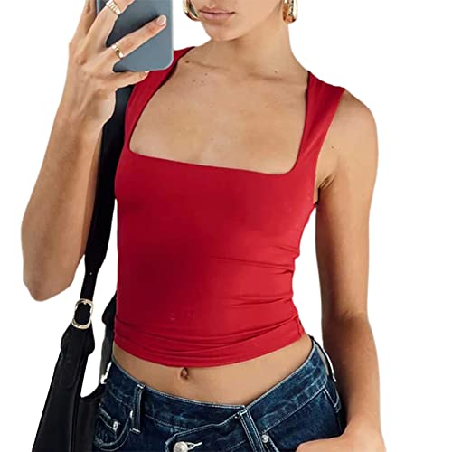 FeMereina Y2K Damen Basic ärmelloses Träger-Tanktop Sexy Skinny gerüschtes Bustier Top Sweetheart-Ausschnitt Crop Top Seitenschlitz Cropped-Weste Cami, R-rot, M von FeMereina