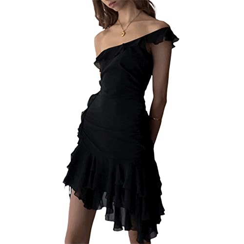 FeMereina Y2K Damen Sexy Rüschen Minikleid Rückenfrei Eine Schulter Unregelmäßige Rüschen Fransen Ärmellos Kurzes Kleid Mesh Durchsichtiges Partykleid, Schwarz , Medium von FeMereina