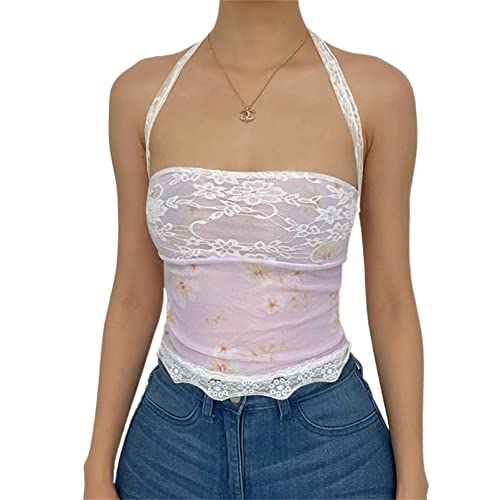 FeMereina Y2K Damen Y2K Spitze Cami Crop Top Y2k trägerloses Schlauchoberteil ärmellos rückenfrei schulterfrei bauchfrei Tank Tops Camisole Vintage Streetwear, weiß, M von FeMereina