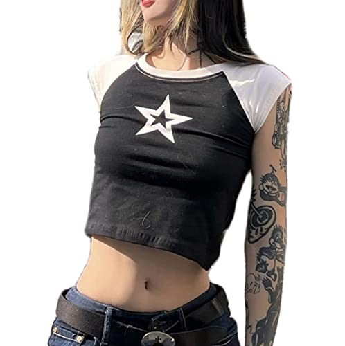 FeMereina Y2k Damen Mädchen Vintage Star Graphic Print Crop Tops Kontrastfarbe Fairy Grunge Kurzarm T-Shirts Ästhetische Harajuku Steetwear, a, S von FeMereina