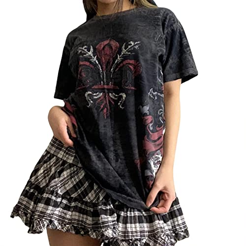 Frauen Gothic T-Shirts Vintage Schädel Druck Kurzarm Lose Shirts Y2k Fairy Grunge Shirts Ästhetische übergroße Baggy Tees, Roter Druck, Large von FeMereina