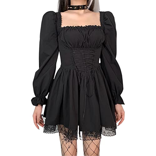 Frauen Prinzessin Puff Kleid Retro Mesh Rüschen Lolita Off Schulter Quadratische Kragen A Linie Lose Slim Bubble Tüll Minikleid, G Schwarz, Small von FeMereina