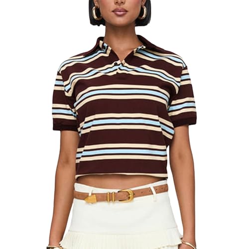Gestreiftes Poloshirt für Damen, Kragen, Knopf, V-Ausschnitt, Henley-Top, Farbblock, kurzärmelig, 90er-Jahre-T-Shirt, Vintage-T-Shirt, coffee, S Gestreiftes Poloshirt für Damen, Kragen, Knopf, V-Ausschnitt, Henley-Top, Farbblock, kurzärmelig, 90er-Jahre-T-Shirt, Vintage-T-Shirt, coffee, S von FeMereina