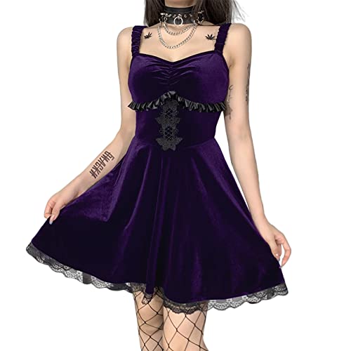 Goth Retro ärmelloses Minikleid Lolita Samt A-Linie Spitzenkleid Spaghettiträger Vintage Punk Gothic Kleid, Z4, Small von FeMereina