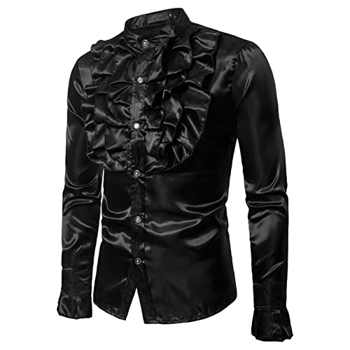 Herren Glänzendes Design Langarm Kleid Hemden Slim Fit Business Button Down Rüschen Hemden Luxus Partykleid Hemd, Schwarz , M von FeMereina
