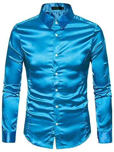 Herren Glänzendes Pailletten-Design Seide wie Satin Button Up Disco Party Kleid Shirts Langarm Slim Fit Abschlussball Hemden Kostüm, Blau#2, L von FeMereina