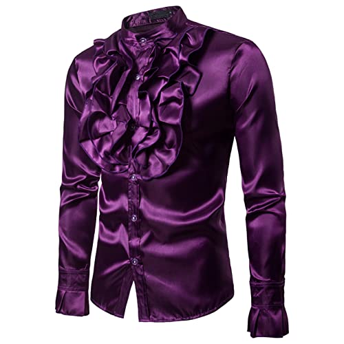 Herren Glänzendes Pailletten-Design Seide wie Satin Button Up Disco Party Kleid Shirts Langarm Slim Fit Abschlussball Hemden Kostüm, Lila #1, M von FeMereina