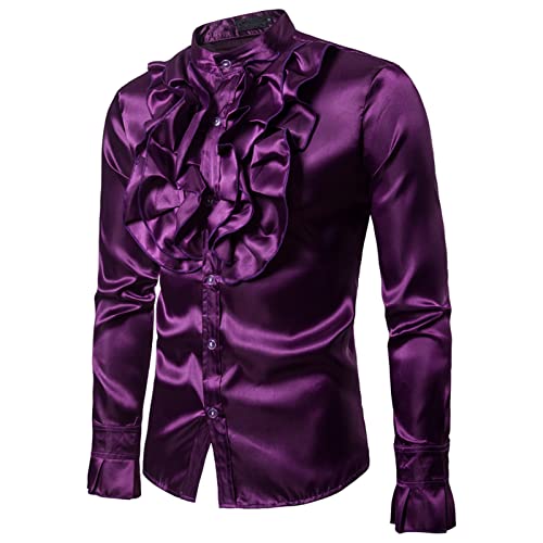 Herren Glänzendes Pailletten-Design Seide wie Satin Button Up Disco Party Kleid Shirts Langarm Slim Fit Abschlussball Hemden Kostüm, Lila #1, XL von FeMereina