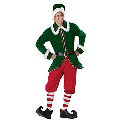 Herren Weihnachten Elf Kostüm Deluxe Santa Anzug Erwachsene Kostüme Urlaub Halloween Cosplay Set 6 Stück Mantel Hut Hose Gürtel, Green Man, XXL von FeMereina