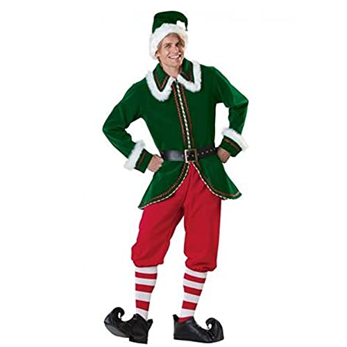 Herren Weihnachten Elf Kostüm Deluxe Santa Anzug Erwachsene Kostüme Urlaub Halloween Cosplay Set 6 Stück Mantel Hut Hose Gürtel, Green Man, XXXL von FeMereina