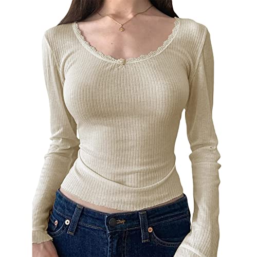 Langärmeliges Henley-Top für Damen, lässig, Knopfleiste, Tunika, Bluse, gerippt, schmale Passform, Y2K-Spitze, Patchwork-Pullover, Beige#2, Small von FeMereina