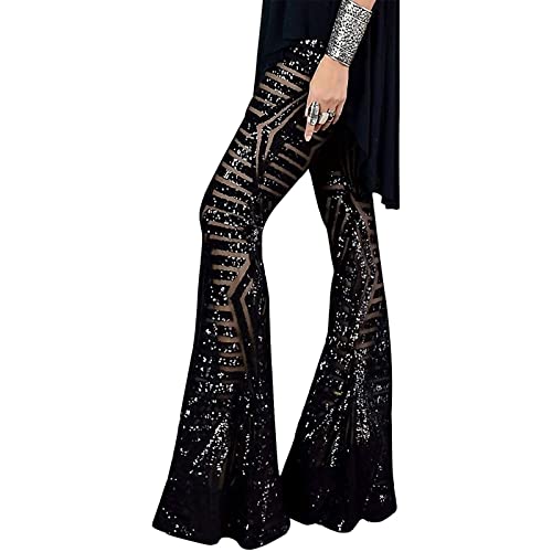 Pailletten-Palazzo-Hose für Damen, hohe Taille, glitzernd, ausgestellte Hose, weites Bein, Glockenunterteil, Leggings, Schwarz , L von FeMereina