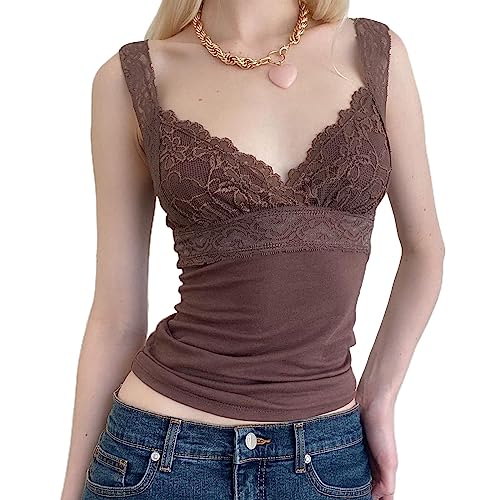 Spitzenbesatz Tank Tops für Frauen Mädchen Fairy Grunge Y2K Fliege Crop Top 2000er Ästhetische Slim Fit Sheer Mesh Mini Weste Chic Streetwear, braun, M von FeMereina