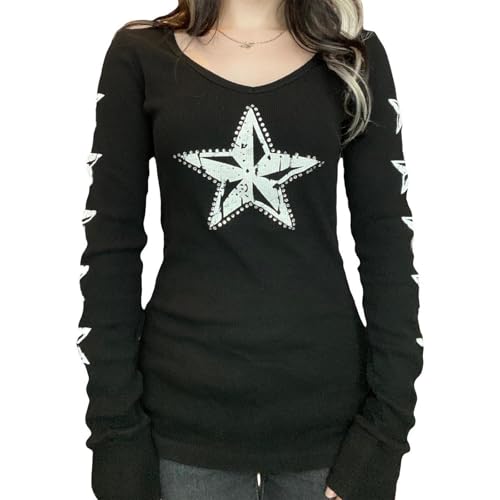 T-Shirt für Damen, Teenager, Mädchen, Y2k, Fee, Grunge, Stern-Grafikdruck, bauchfreies Top, Vintage, ästhetisches Baby-T-Shirt, Gothic-Kleidung, Schwarz , S von FeMereina