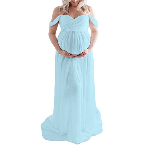 Umstandskleid für Fotografie, einfarbig, schulterfrei, Chiffonkleid, vorne geteilt, lange Schwangerschaftskleider für Fotoshootings, blau, L von FeMereina