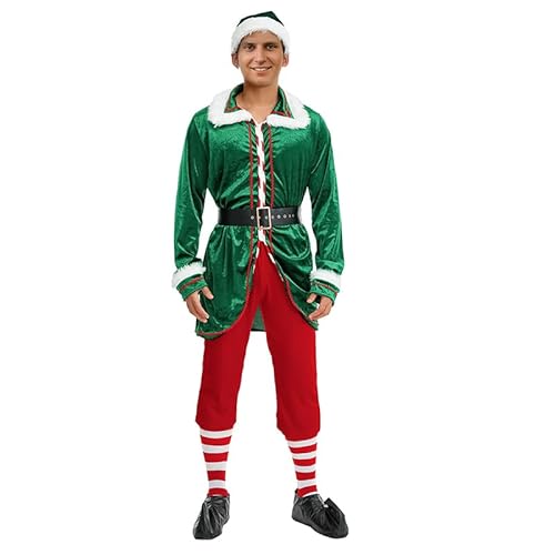 Unisex Herren Elf Kostüm Erwachsene Deluxe Weihnachtsmann Cosplay Anzug Weihnachtskostüm Elfe Weihnachtsmann Helfer KostümGrün Cosplay Party für Frauen, Green Men, Medium von FeMereina