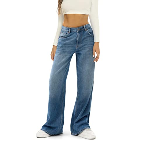 Y2K Damen Hose mit niedriger Taille, grafische Sterne, gemustert, weites Bein, Denim-Jeans, gerade, lässig, locker, bauchige Hose, Vintage-E-Girl-Streetwear, B-Blau, S von FeMereina