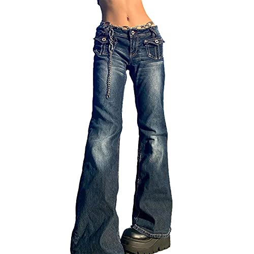 Y2K Damen Hose mit niedriger Taille, grafische Sterne, gemustert, weites Bein, Denim-Jeans, gerade, lässig, locker, bauchige Hose, Vintage-E-Girl-Streetwear, dunkelblau, M von FeMereina