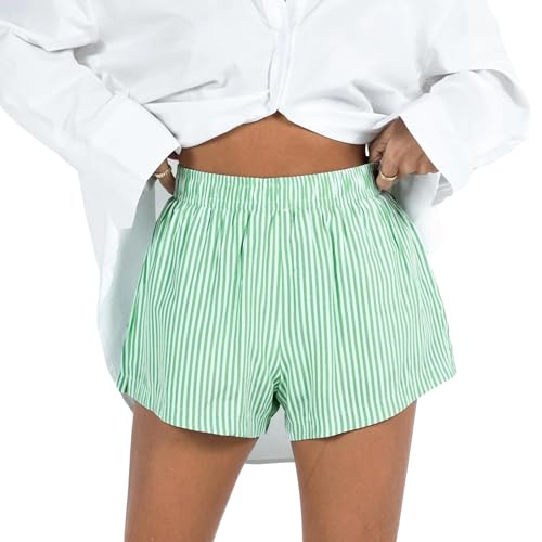 Y2K Damen-Shorts, gestreift, elastisch, hohe Taille, weites Bein, kurze Hose, ästhetische Lounge-Hose, Baggy-Pyjama-Shorts, Boxershorts, Nachtwäsche, grün, Medium von FeMereina