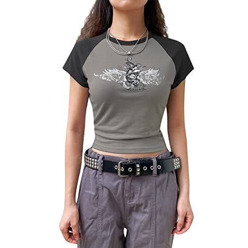 Y2k Damen Mädchen Y2k Vintage Stern Grafik Print Crop Tops Kontrastfarbe Fairy Grunge Kurzarm T-Shirts Ästhetische Harajuku Steetwear, Schwarz #5, M von FeMereina