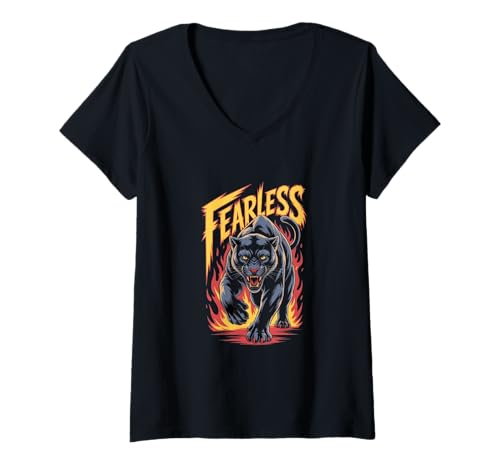 Damen Furchtloser brüllender Panther mit Flammen Typografie T-Shirt mit V-Ausschnitt Damen Furchtloser brüllender Panther mit Flammen Typografie T-Shirt mit V-Ausschnitt von FearPanthwork Co.