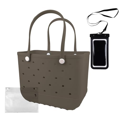 Strandtasche aus Gummi, wasserdicht, waschbar, langlebig, offene Geldbörsen mit Reißverschlusstasche und Handy-Tasche für Poolboot, Braunoliv, X-Large Strandtasche aus Gummi, wasserdicht, waschbar, langlebig, offene Geldbörsen mit Reißverschlusstasche und Handy-Tasche für Poolboot, Braunoliv, X-Large von Feastaw