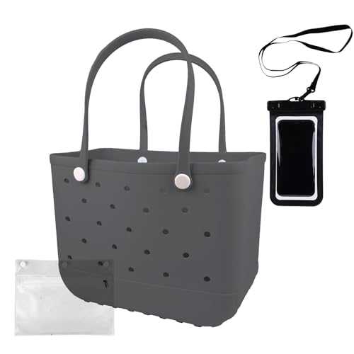 Strandtasche aus Gummi, wasserdicht, waschbar, langlebig, offene Geldbörsen mit Reißverschlusstasche und Handy-Tasche für Poolboot, GRAU, X-Large Strandtasche aus Gummi, wasserdicht, waschbar, langlebig, offene Geldbörsen mit Reißverschlusstasche und Handy-Tasche für Poolboot, GRAU, X-Large von Feastaw