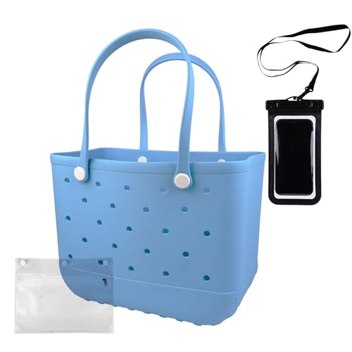 Strandtasche aus Gummi, wasserdicht, waschbar, langlebig, offene Geldbörsen mit Reißverschlusstasche und Handy-Tasche für Poolboot, Hellblau, Large Strandtasche aus Gummi, wasserdicht, waschbar, langlebig, offene Geldbörsen mit Reißverschlusstasche und Handy-Tasche für Poolboot, Hellblau, Large von Feastaw