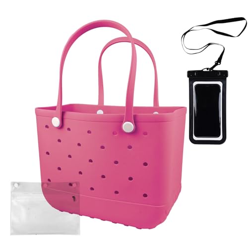 Strandtasche aus Gummi, wasserdicht, waschbar, langlebig, offene Geldbörsen mit Reißverschlusstasche und Handy-Tasche für Poolboot, Rosenrot, Large Strandtasche aus Gummi, wasserdicht, waschbar, langlebig, offene Geldbörsen mit Reißverschlusstasche und Handy-Tasche für Poolboot, Rosenrot, Large von Feastaw