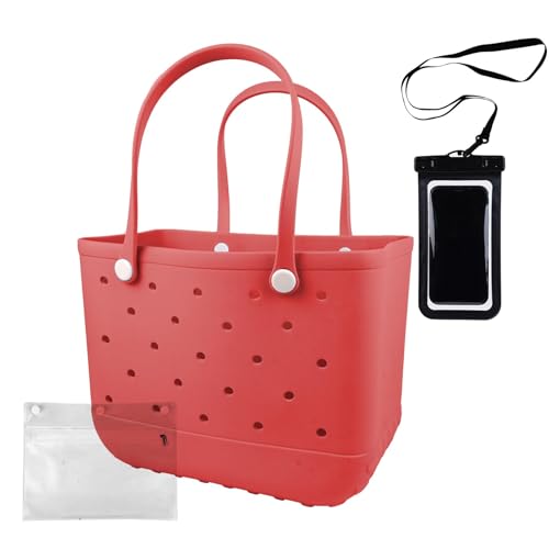 Strandtasche aus Gummi, wasserdicht, waschbar, langlebig, offene Geldbörsen mit Reißverschlusstasche und Handy-Tasche für Poolboot, Rot/Ausflug, einfarbig (Getaway Solids), Large von Feastaw