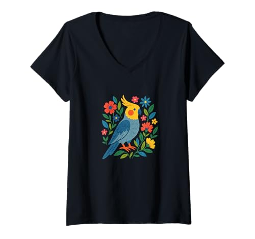Damen Nymphensittich mit Wildblumen, niedlich, von der Natur inspiriert, Vogel T-Shirt mit V-Ausschnitt Damen Nymphensittich mit Wildblumen, niedlich, von der Natur inspiriert, Vogel T-Shirt mit V-Ausschnitt von Feather Blooms Emporiums