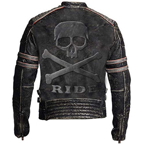 Feather Skin Männer Kleidung Biker Vintage Distressed Echte Lederjacke Skull Embossed Logo at Back- L von Feather Skin