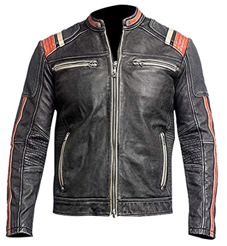 Feather Skin Männer Kleidung Cafe Racer Vintage Retro Motorcycle Biker Style Echte Lederjacke Schwarz Motorbike with Red Stripes on Shoulder- XL von Feather Skin